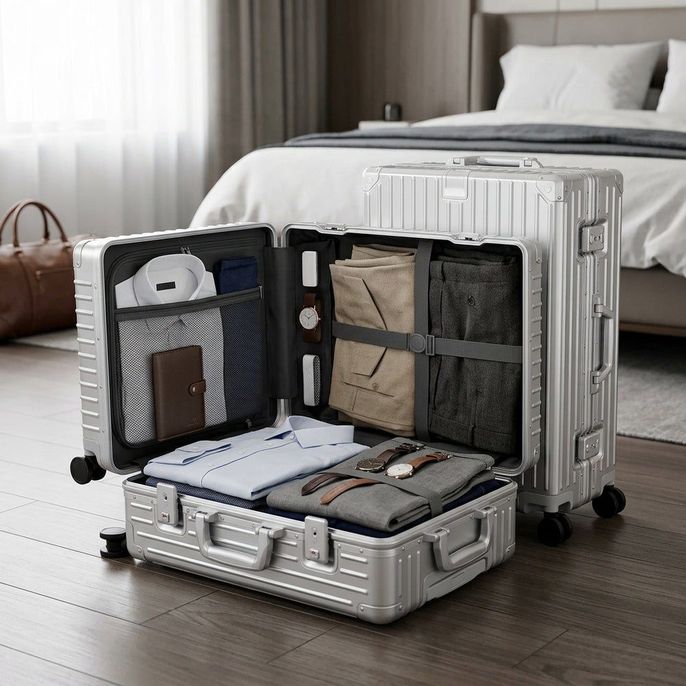 ALPHA CAMP Koffer Set M L Hartschalenkoffer Set Mittelgroß mit Rollen Suitcase Set Polycarbonat Aluminium Rahmen Kofferset 2 Teilig TSA Schloss Handgepäck Luggage Reisekoffer Silber Rollkoffer Reisen