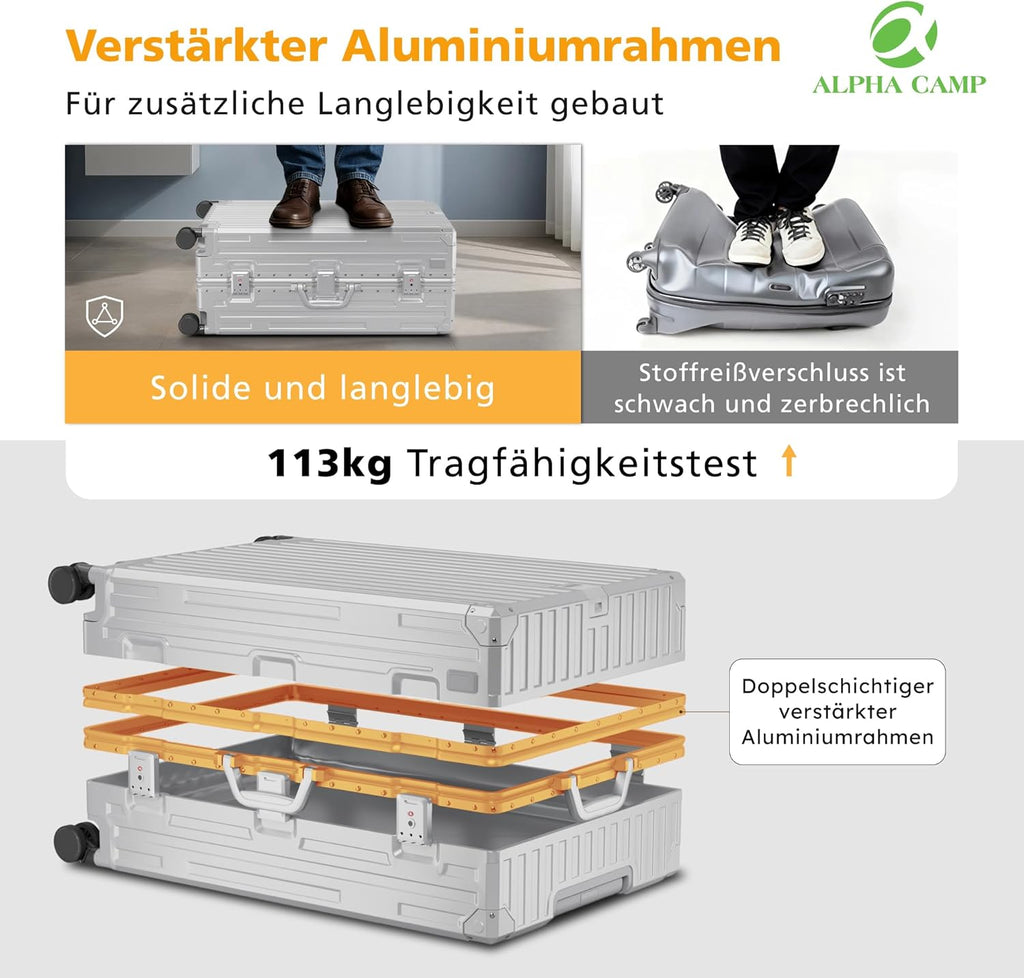 ALPHA CAMP Koffer Set M L Hartschalenkoffer Set Mittelgroß mit Rollen Suitcase Set Polycarbonat Aluminium Rahmen Kofferset 2 Teilig TSA Schloss Handgepäck Luggage Reisekoffer Silber Rollkoffer Reisen