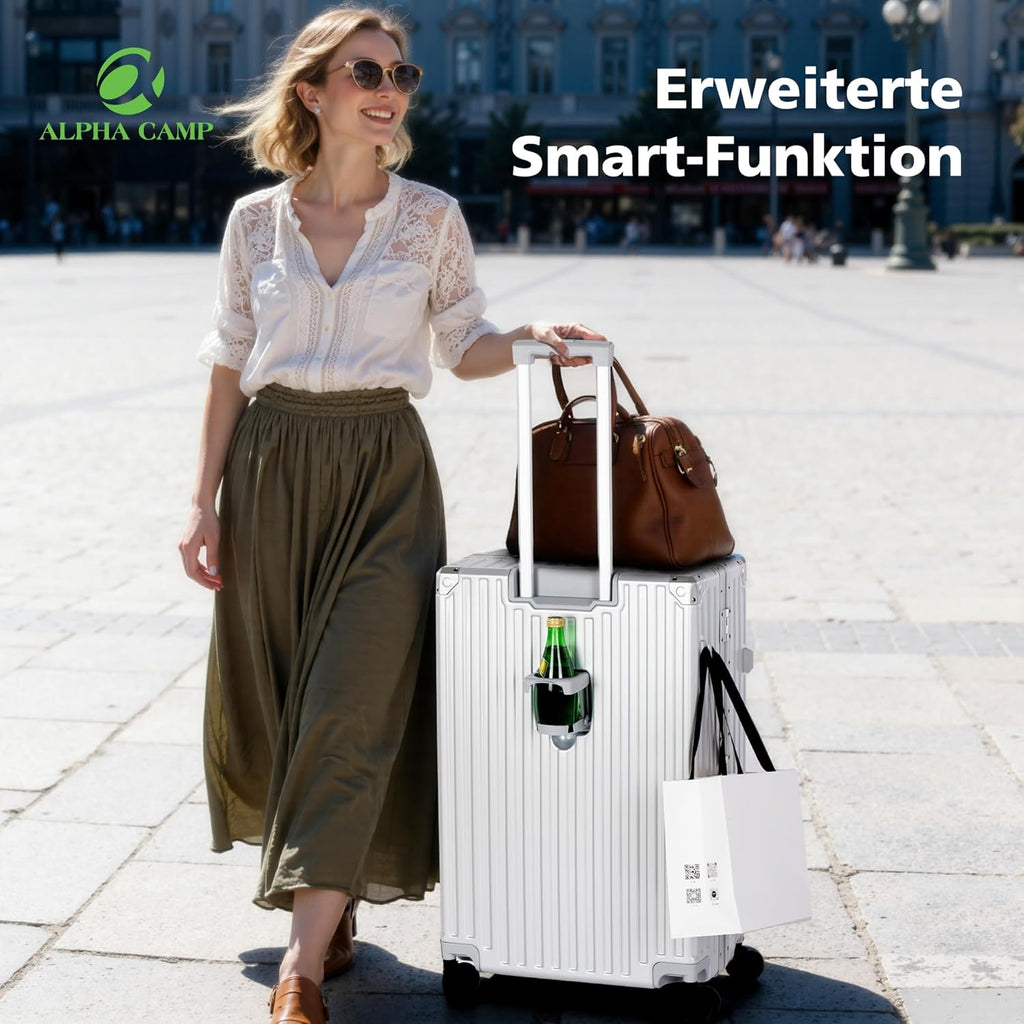 ALPHA CAMP Koffer Set M L Hartschalenkoffer Set Mittelgroß mit Rollen Suitcase Set Polycarbonat Aluminium Rahmen Kofferset 2 Teilig TSA Schloss Handgepäck Luggage Reisekoffer Silber Rollkoffer Reisen