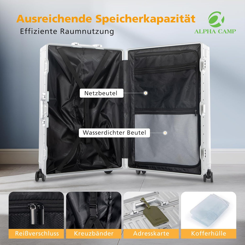 ALPHA CAMP Koffer Set M L Hartschalenkoffer Set Mittelgroß mit Rollen Suitcase Set Polycarbonat Aluminium Rahmen Kofferset 2 Teilig TSA Schloss Handgepäck Luggage Reisekoffer Silber Rollkoffer Reisen