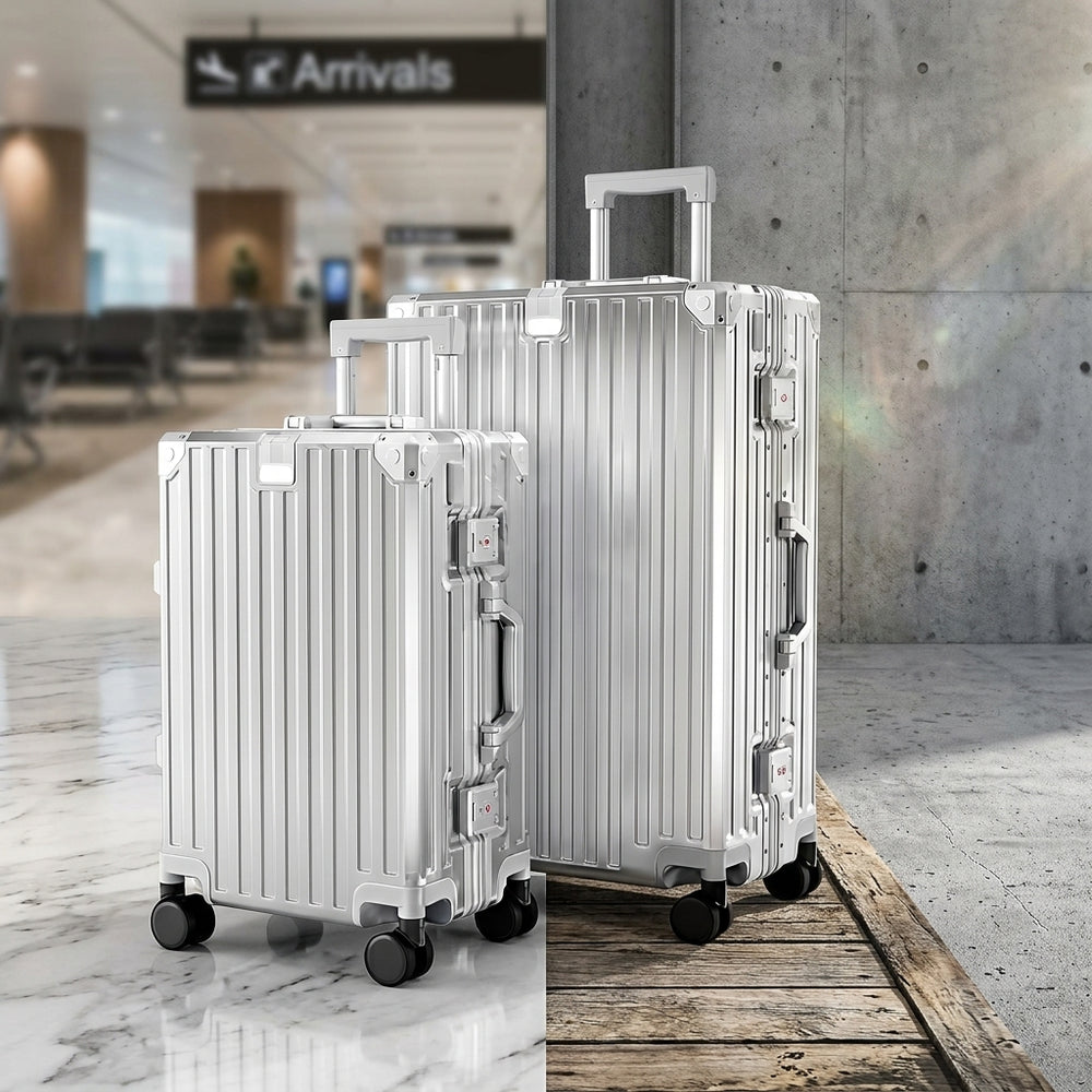 ALPHA CAMP Koffer Set M L Hartschalenkoffer Set Mittelgroß mit Rollen Suitcase Set Polycarbonat Aluminium Rahmen Kofferset 2 Teilig TSA Schloss Handgepäck Luggage Reisekoffer Silber Rollkoffer Reisen