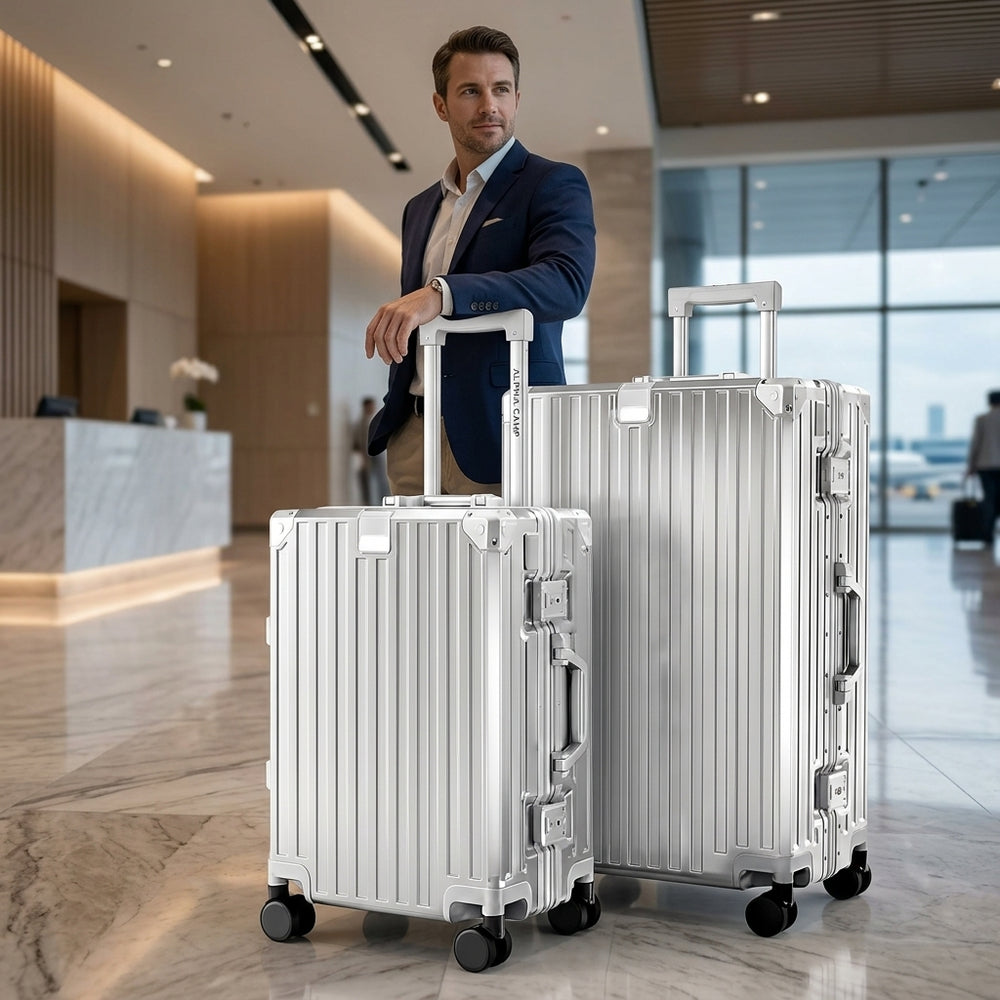 ALPHA CAMP Koffer Set M L Hartschalenkoffer Set Mittelgroß mit Rollen Suitcase Set Polycarbonat Aluminium Rahmen Kofferset 2 Teilig TSA Schloss Handgepäck Luggage Reisekoffer Silber Rollkoffer Reisen