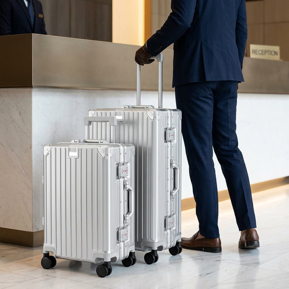 ALPHA CAMP Koffer Set M L Hartschalenkoffer Set Mittelgroß mit Rollen Suitcase Set Polycarbonat Aluminium Rahmen Kofferset 2 Teilig TSA Schloss Handgepäck Luggage Reisekoffer Silber Rollkoffer Reisen